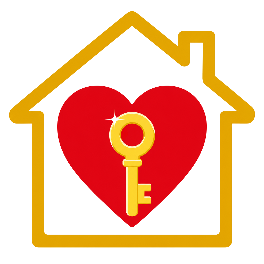 Sodafom logo: a golden key inside a red heart inside a golden house